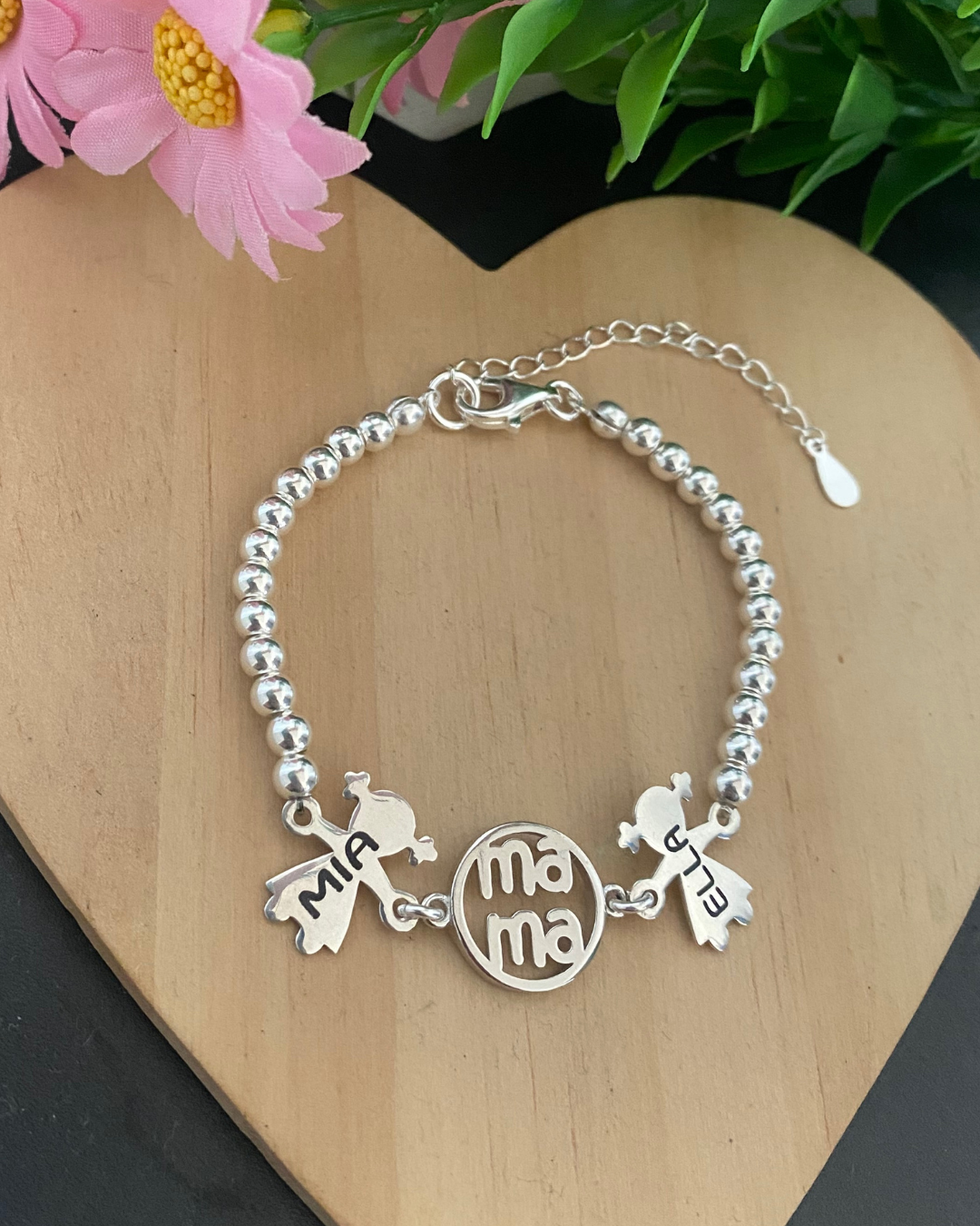 PULSERA BOLAS MAMÁ PLATA LEY