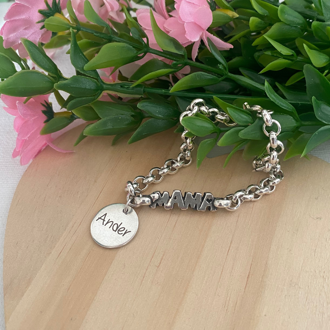 PULSERA MAMÁ NOMBRE BAÑO PLATA