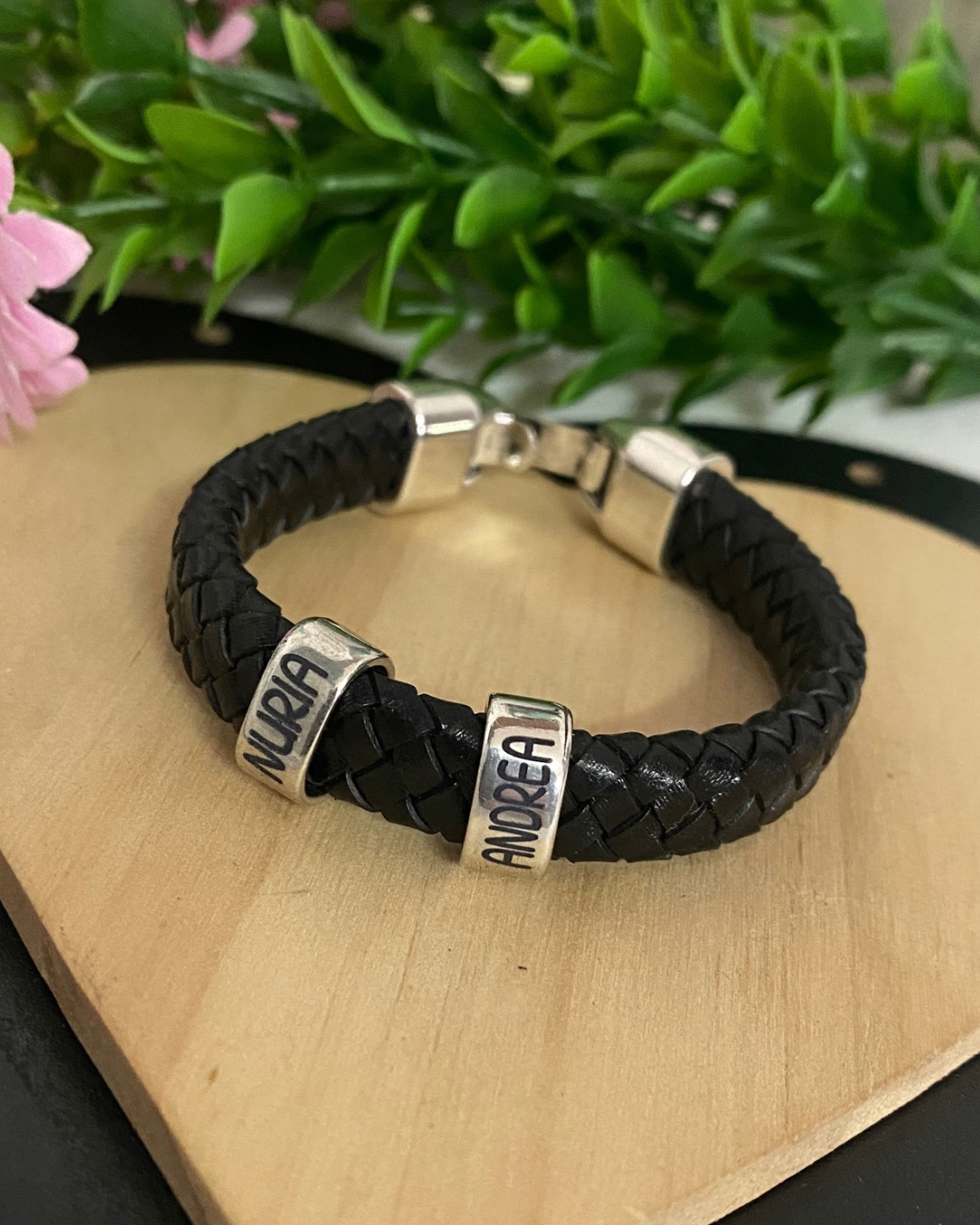 PULSERA CUERO PLANO BAÑO PLATA