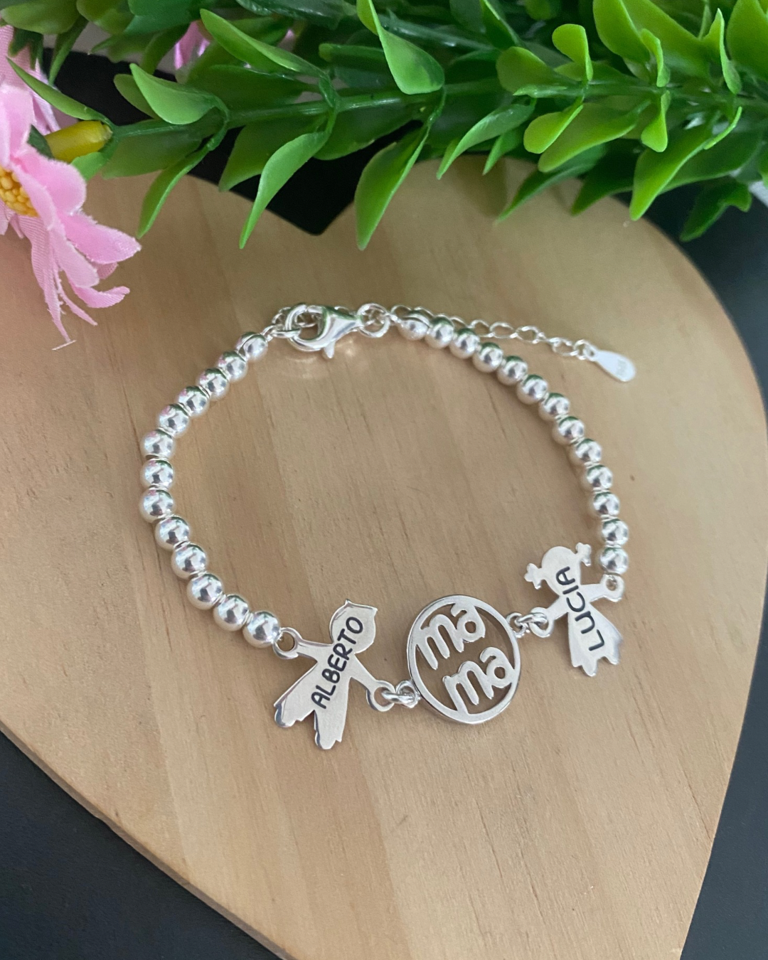 PULSERA BOLAS MAMÁ PLATA LEY