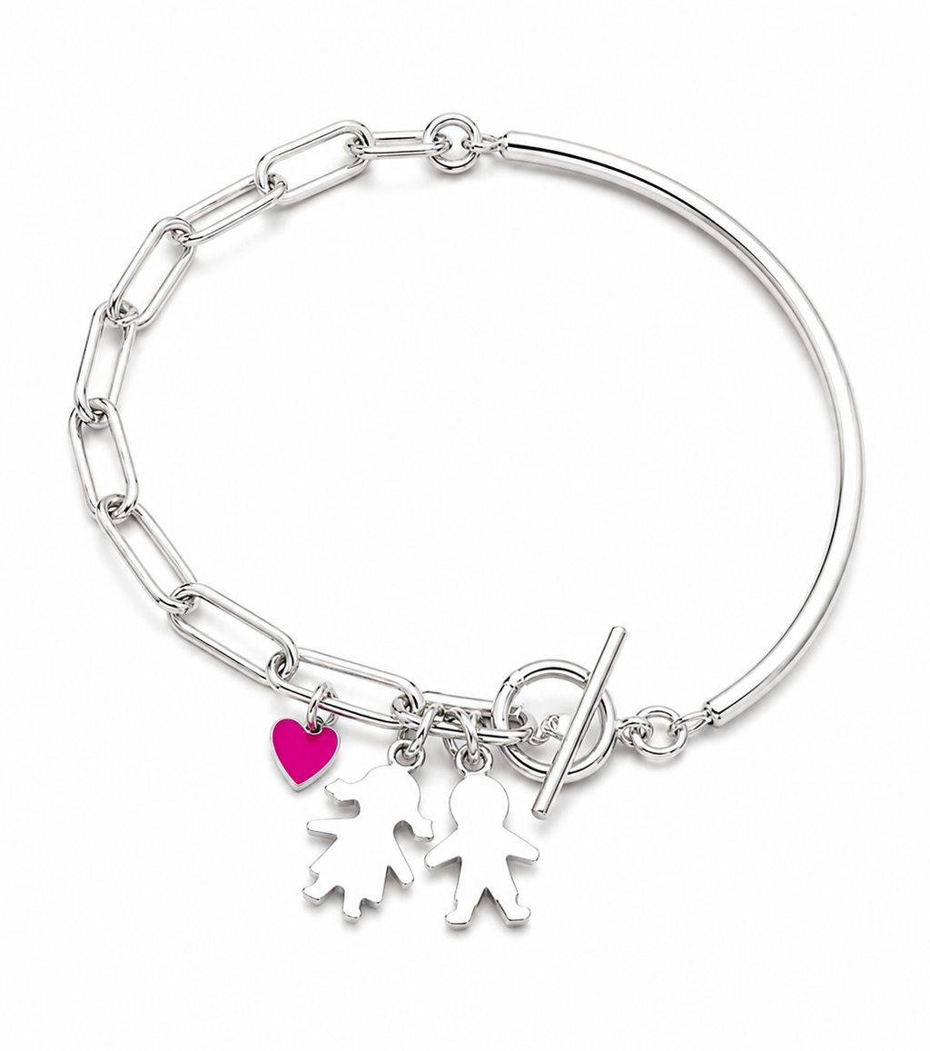 Pulsera Media Caña con Siluetas y Corazón - Plata de Ley 925