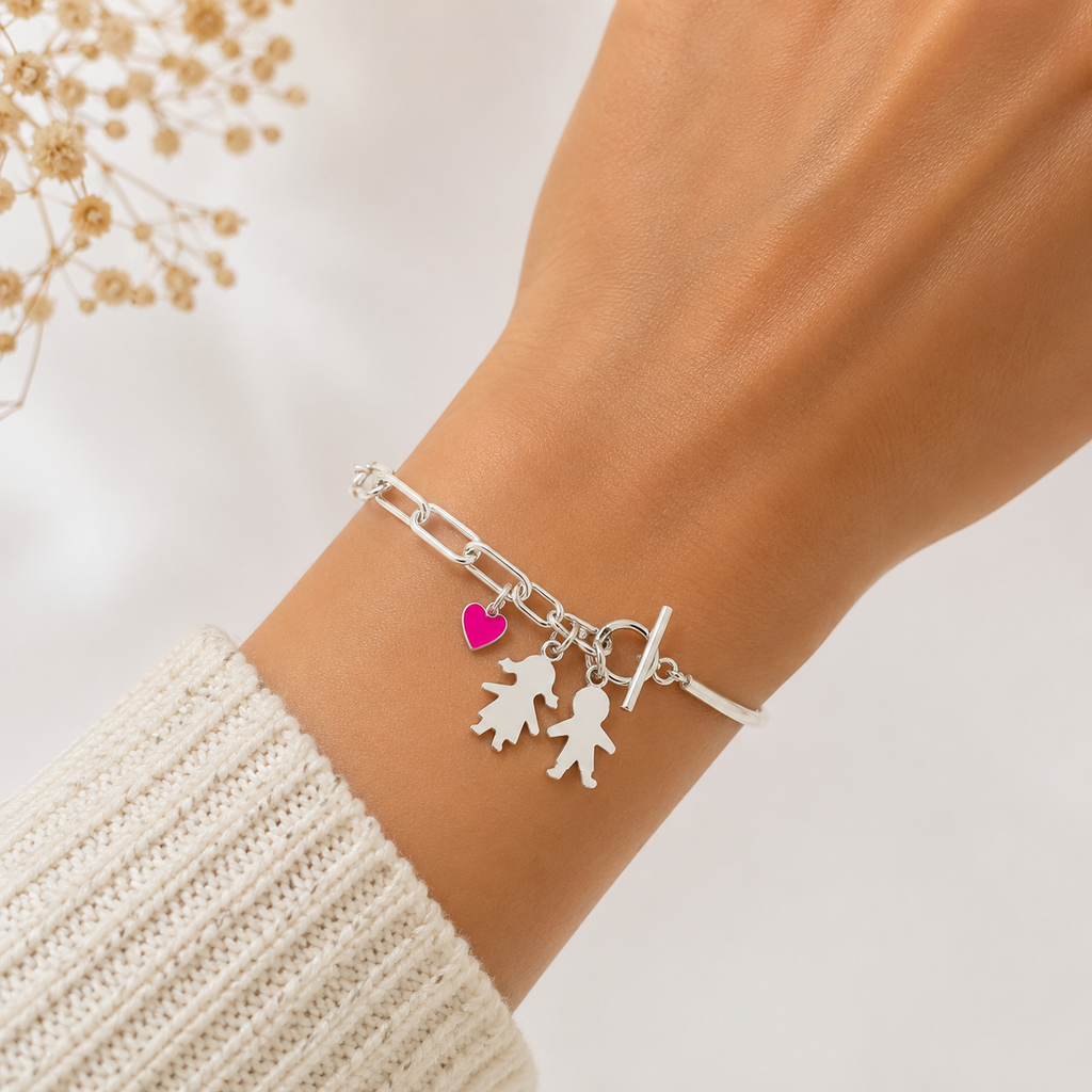 Pulsera Media Caña con Siluetas y Corazón - Plata de Ley 925