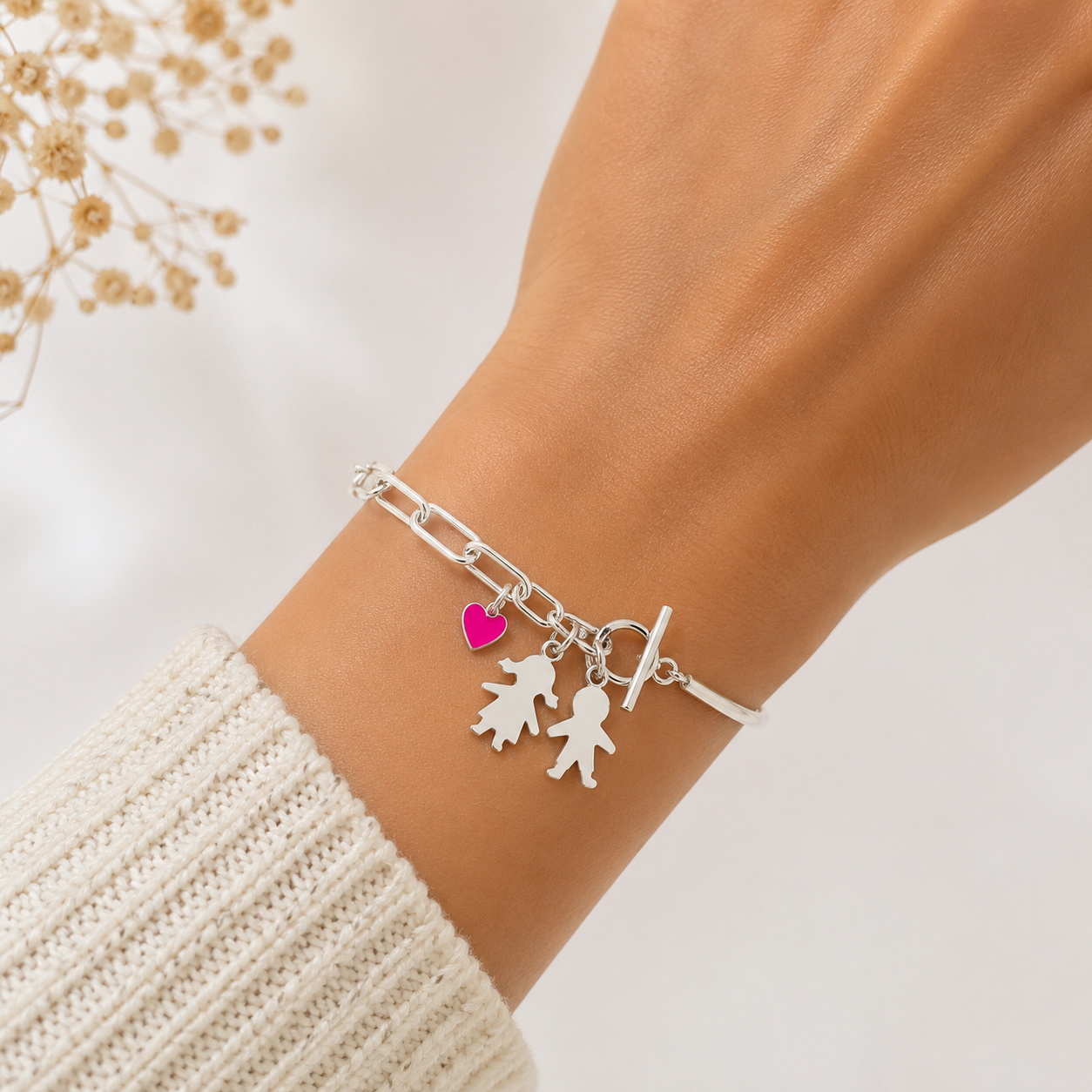 Pulsera Media Caña con Siluetas y Corazón - Plata de Ley 925