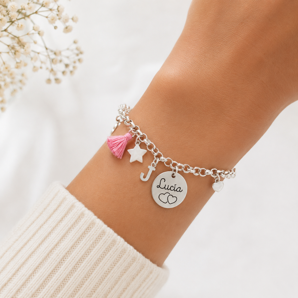 Pulsera Medalla Personalizada con Inicial y Pompón - Plata de Ley 925