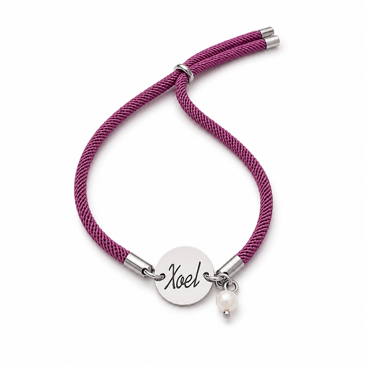 Pulsera Personalizada Cordón con Medalla y Perla - Acero Inoxidable