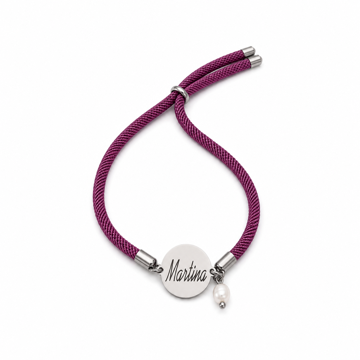Pulsera Personalizada Cordón con Medalla y Perla - Acero Inoxidable