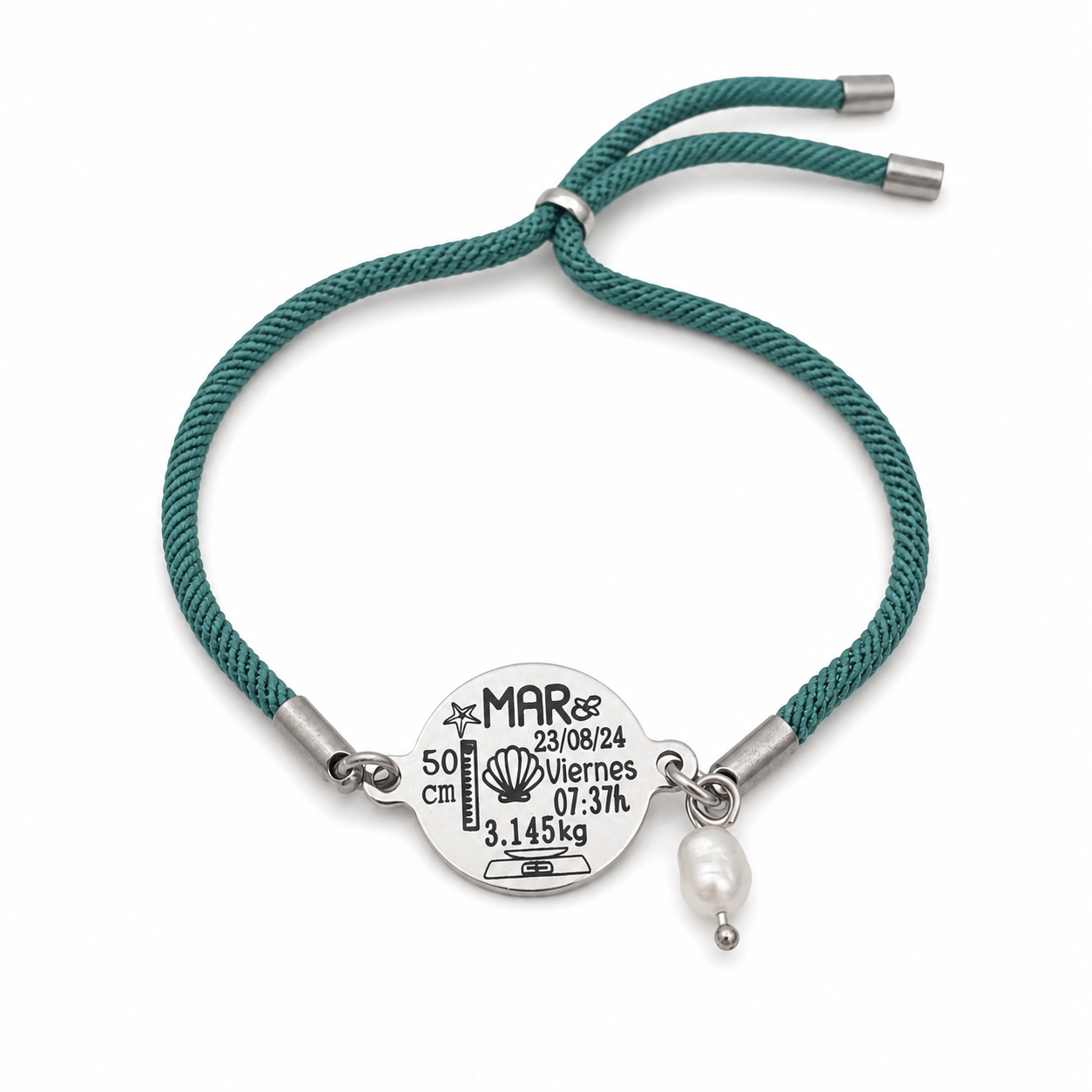 Pulsera Personalizada Cordón con Medalla y Perla - Acero Inoxidable