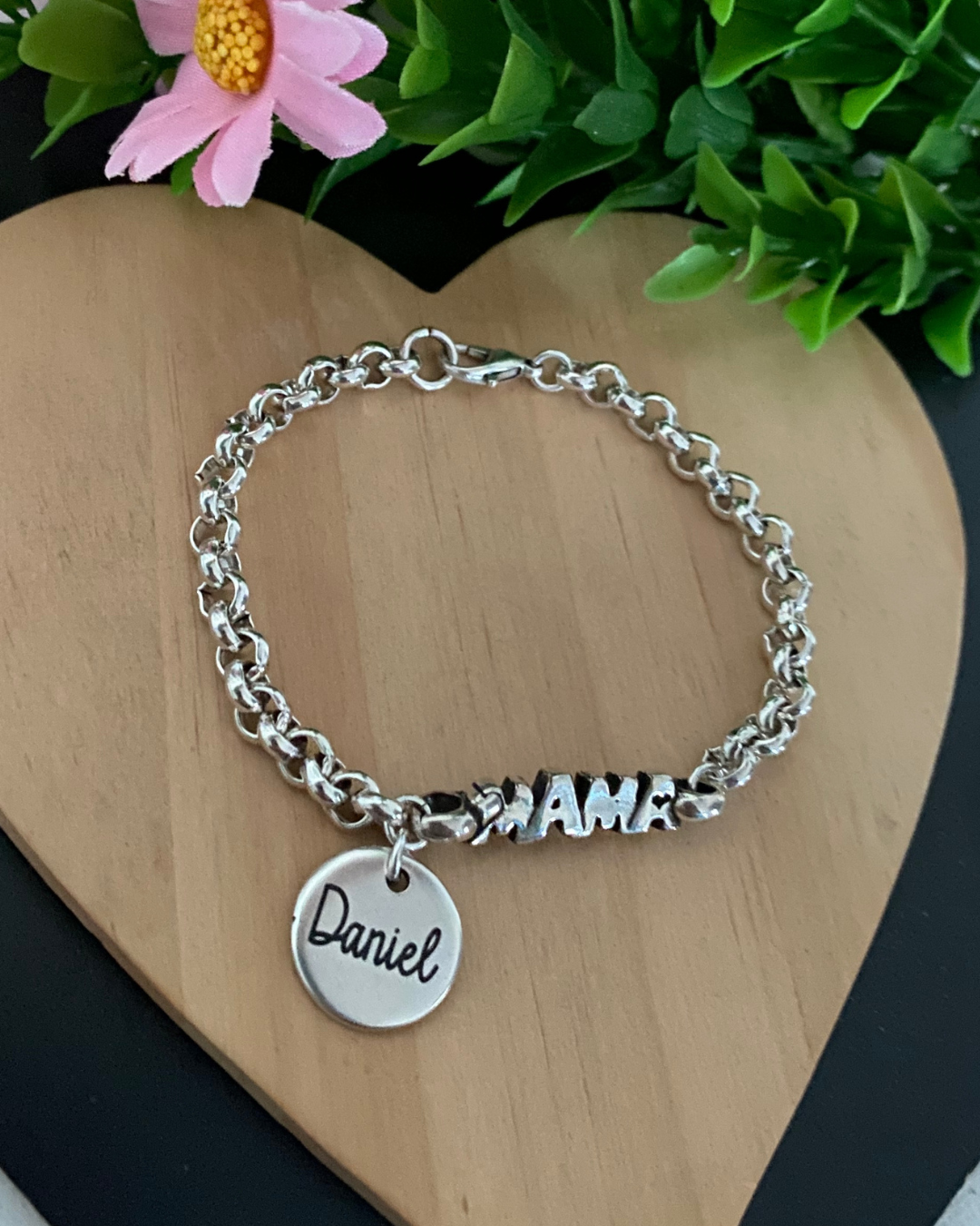 PULSERA MAMÁ NOMBRE BAÑO PLATA