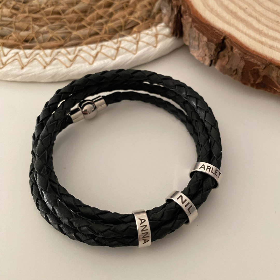 PULSERA CUERO AROS BAÑO PLATA