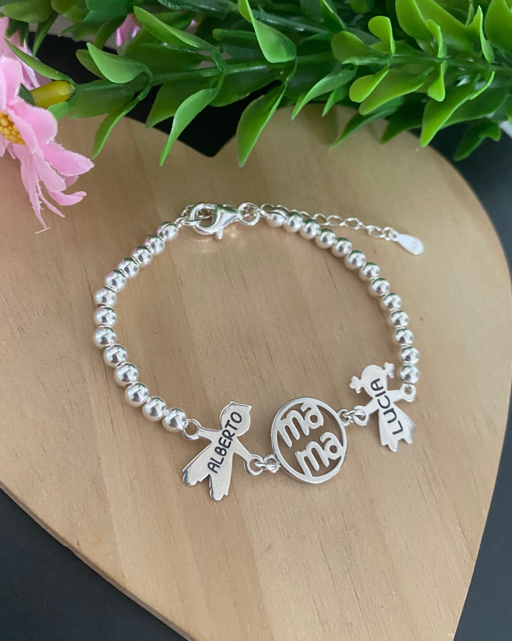 PULSERA BOLAS MAMÁ PLATA LEY