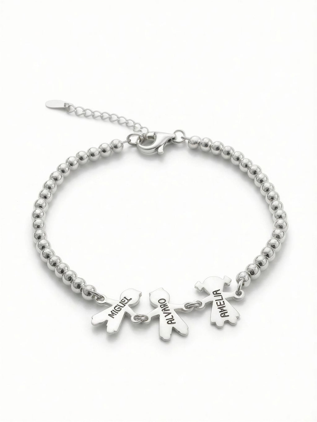 Pulsera Personalizada con Siluetas de Niños y Bolas de Plata – Plata de Ley 925