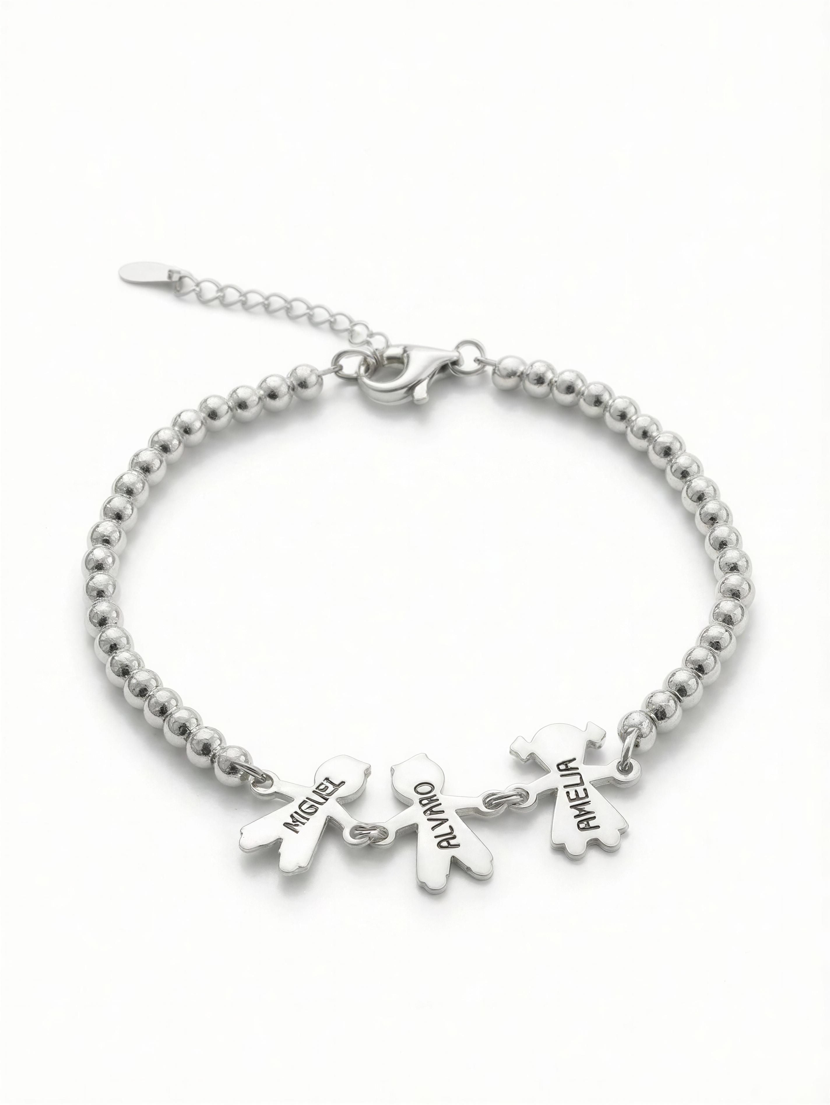 Pulsera Personalizada con Siluetas de Niños y Bolas de Plata – Plata de Ley 925